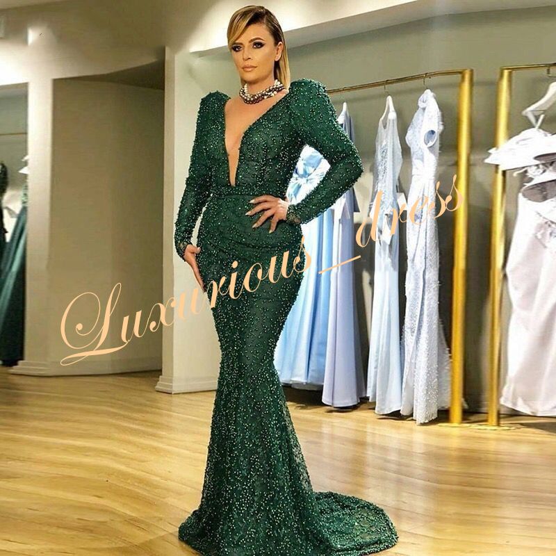 Arabic Long Sleeves Emerald Green Mermaid Evening Dresses Sex V Neck