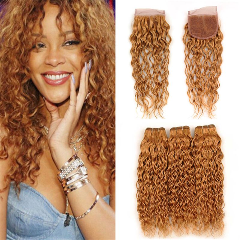 2019 27 Honey Blonde Wet And Wavy Human Hair Bundles With Closure