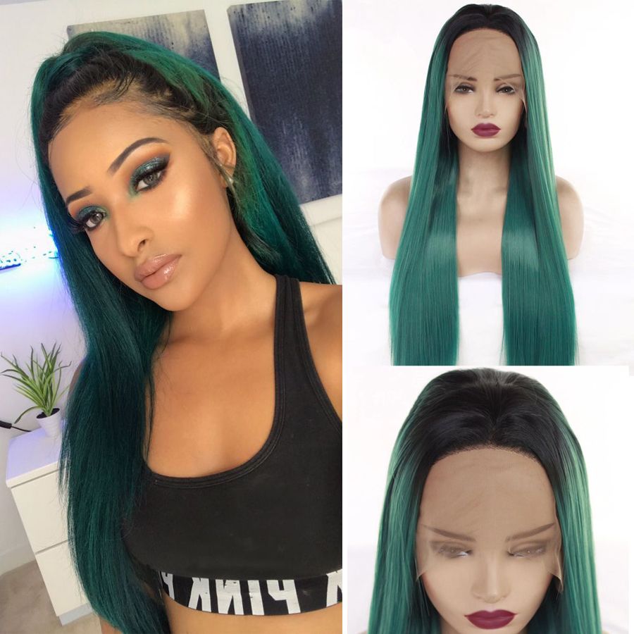 Ombre Green Hair Wig Synthetic Lace Front Wig Long Silky Straight Hair Synthetic Wig With Natural Hairline Glueless Cosplay Synthetic Hair Rpg Full