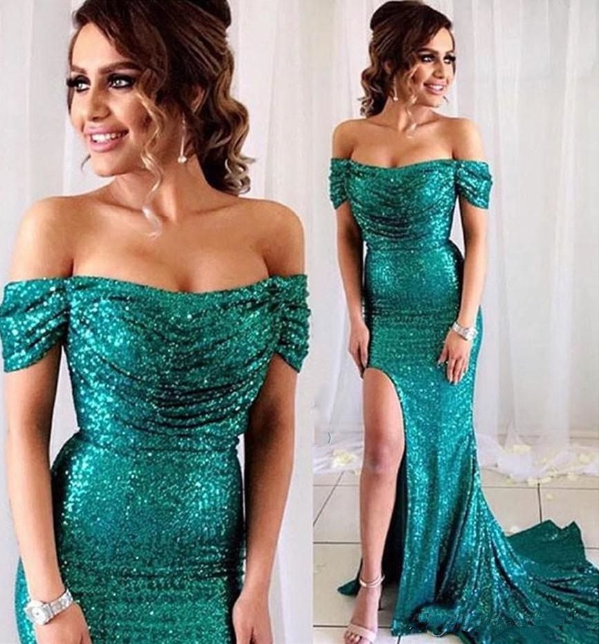 Turquesa lentejuelas vestidos de fiesta fuera del hombro hendidura lateral sirena larga 2019 modernos vestidos de noche brillantes vestidos de fiesta personalizados más tamaño Turquesa lentejuelas vestidos de fiesta fuera del hombro hendidura lateral sirena larga 2019 modernos vestidos de noche brillantes vestidos de fiesta personalizados más tamaño