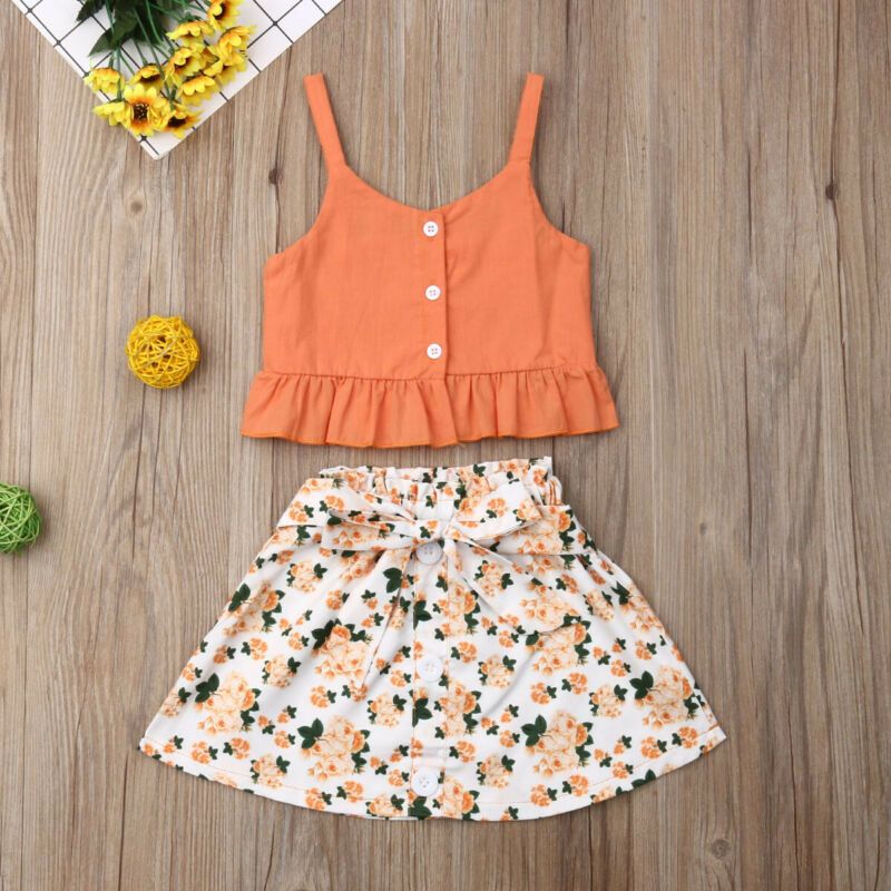 UK Stock 2PCS Kids Baby Girls Summer Clothes Sling Tops+Skirt Dress Outfit Set