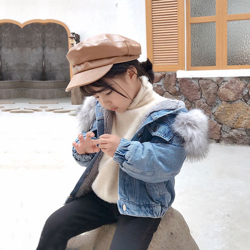 2019 양털 따뜻한 데님 키즈 재킷 여자 모피 후드 아기 소녀 코트면 키즈 청바지 재킷 패션 아이들 겉옷
