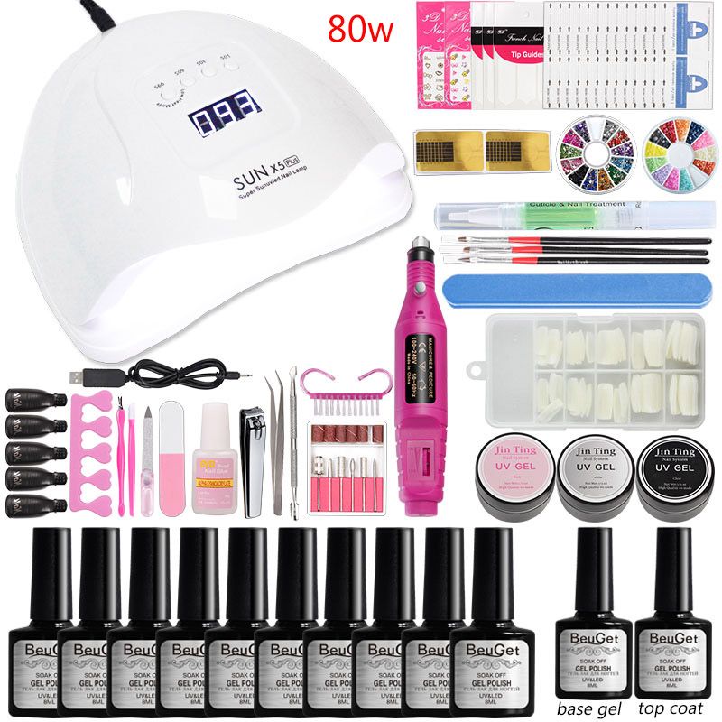 Nail Art Kits Gel With Lamp Manicure Set Builder 48w/80w Electric Drill