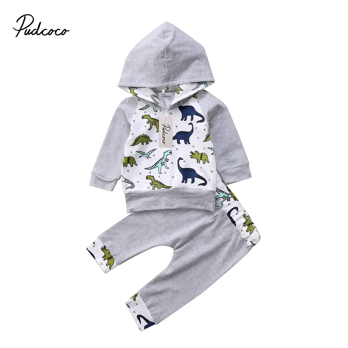 UK Baby Boys Dinosaur Long Sleeve Hoodie Pants Infant Outfits Set Casual Clothes