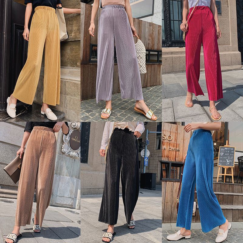 Compre Seda Pantalones Anchos De La Pierna De La Mujer Alta De Verano  Cintura Delgada Grado De Estanqueidad De La Cintura Nueve Pieza  Directamente Tambor Plisado Gasa Pantalones A 31,49 € Del