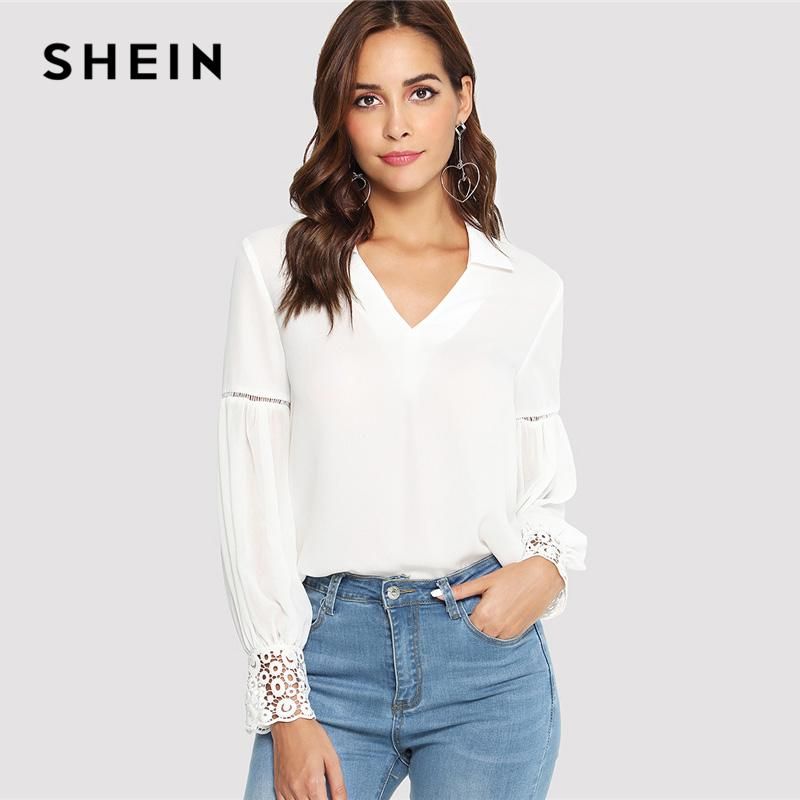 Acquistare Shein Laser Cut Insert Guipure Lace Polsello Blusa Blume Bianco  Con Scollo A V Manica Lunga Tops Top Donna Autunno Elegante Camicia Da  Lavoro Economico | Consegna Veloce E Qualità | It.Dhgate
