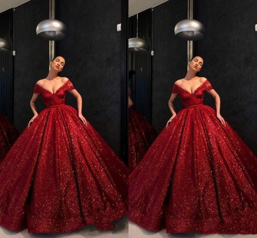 red v neck ball gown
