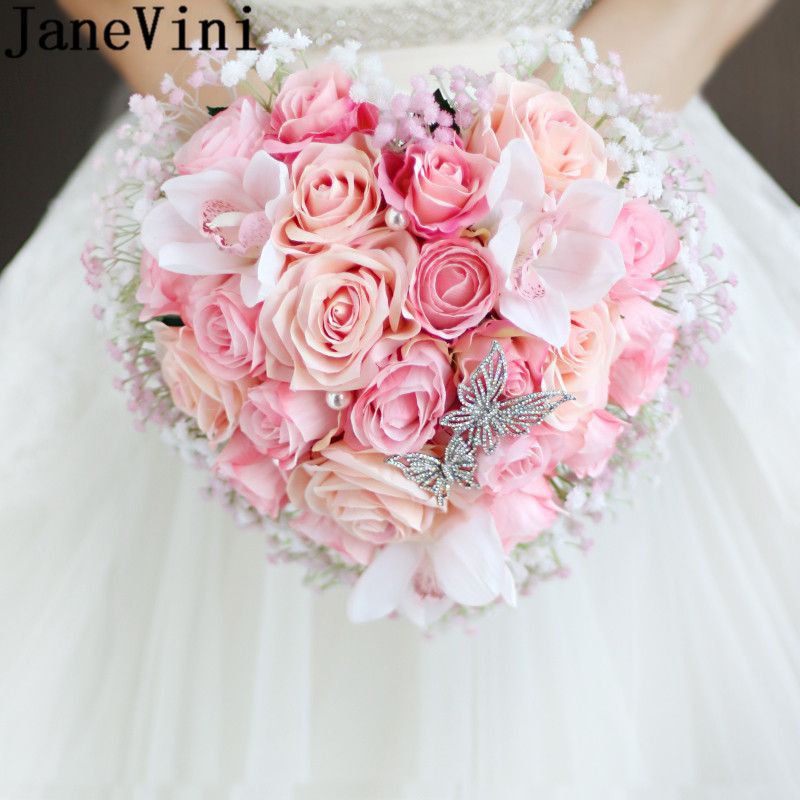 Acheter Janevini Bouquet De Mariée En Forme De Coeur Rose Champagne Bouquet De Rose Bouquet De Mariée Strass Fleur Artificielle Bouquet De Mariée