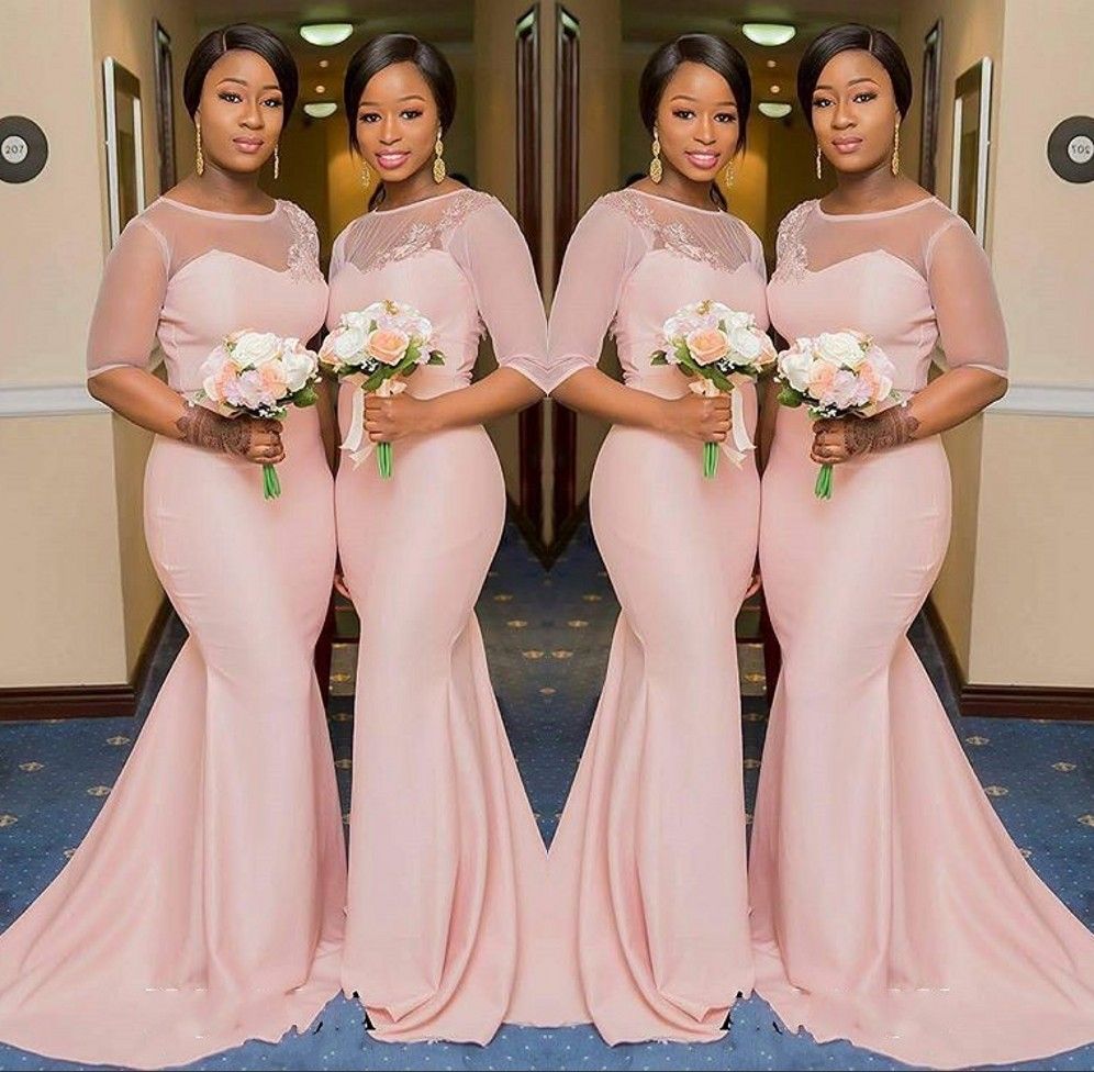 Blush Pink Sheer Jewel Neck Bridesmaid 