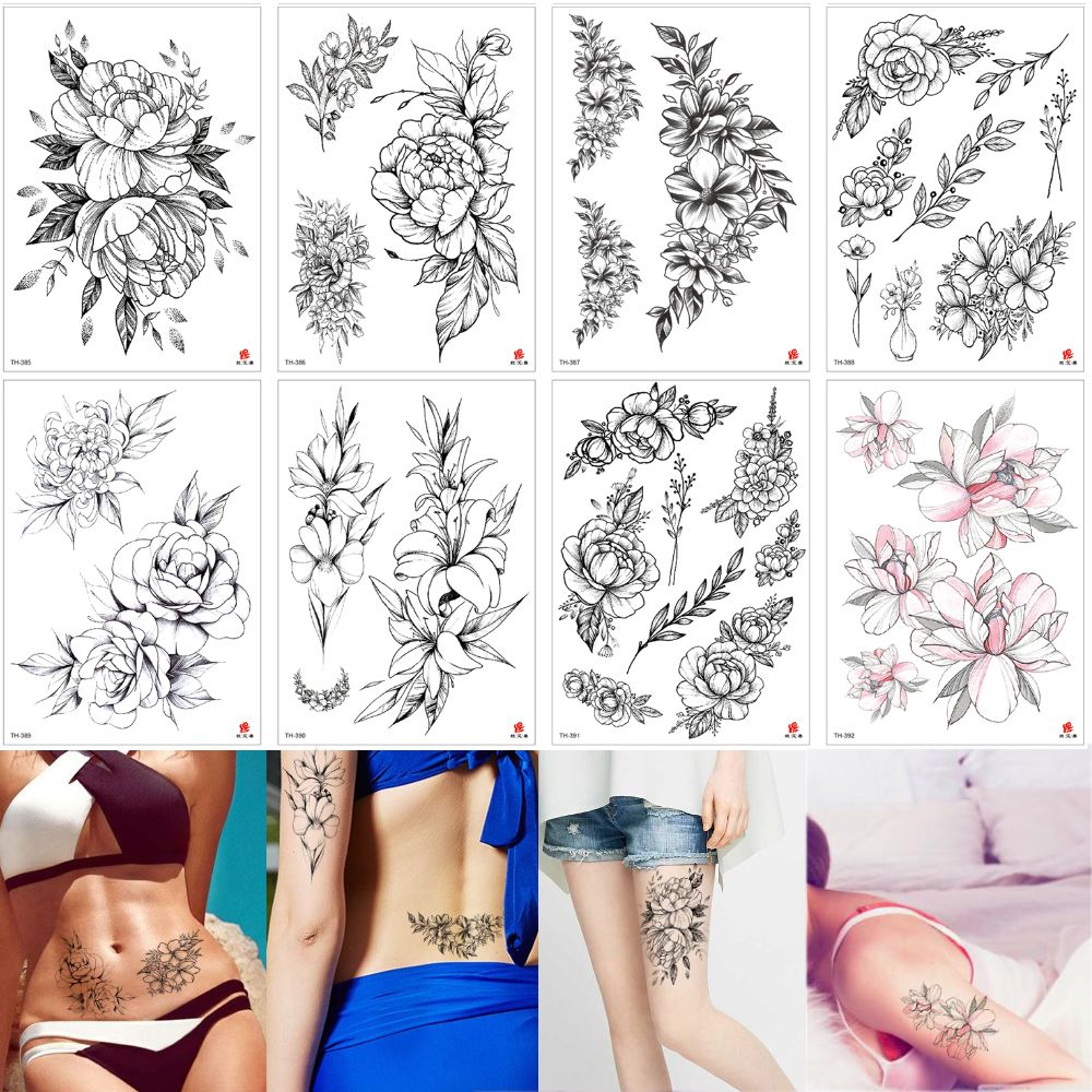 Fashion Black Small Sketch Flower Tattoo Temporary Peony Floral Body Art  for Women Waist Chest Leg Arm Jewelry Tattoo Sticker Transfer Paper