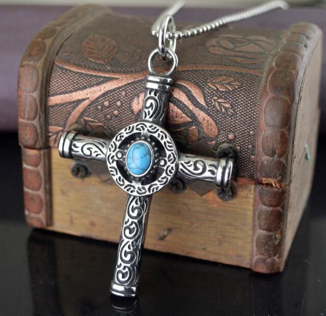 Punk Vintage Turquoise Cross Necklace 
