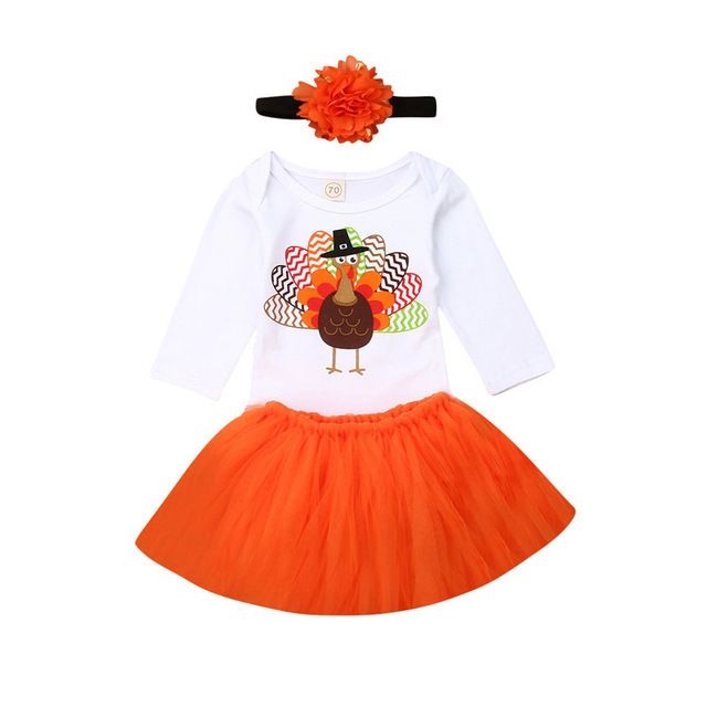 Newborn Baby Girls 1st Thanksgiving Outfits Romper Dress Headband Shoes 3Pcs Set