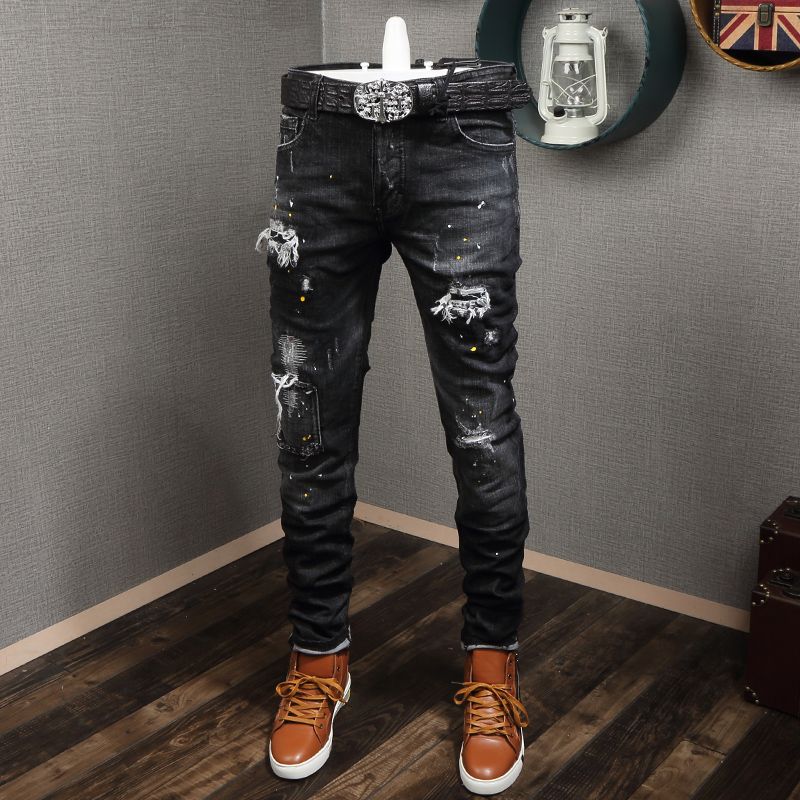 stad beest keuken Mode streetwear heren jeans zwarte kleur verf ontwerper gescheurde jeans  heren baggy broek hoge kwaliteit elastische