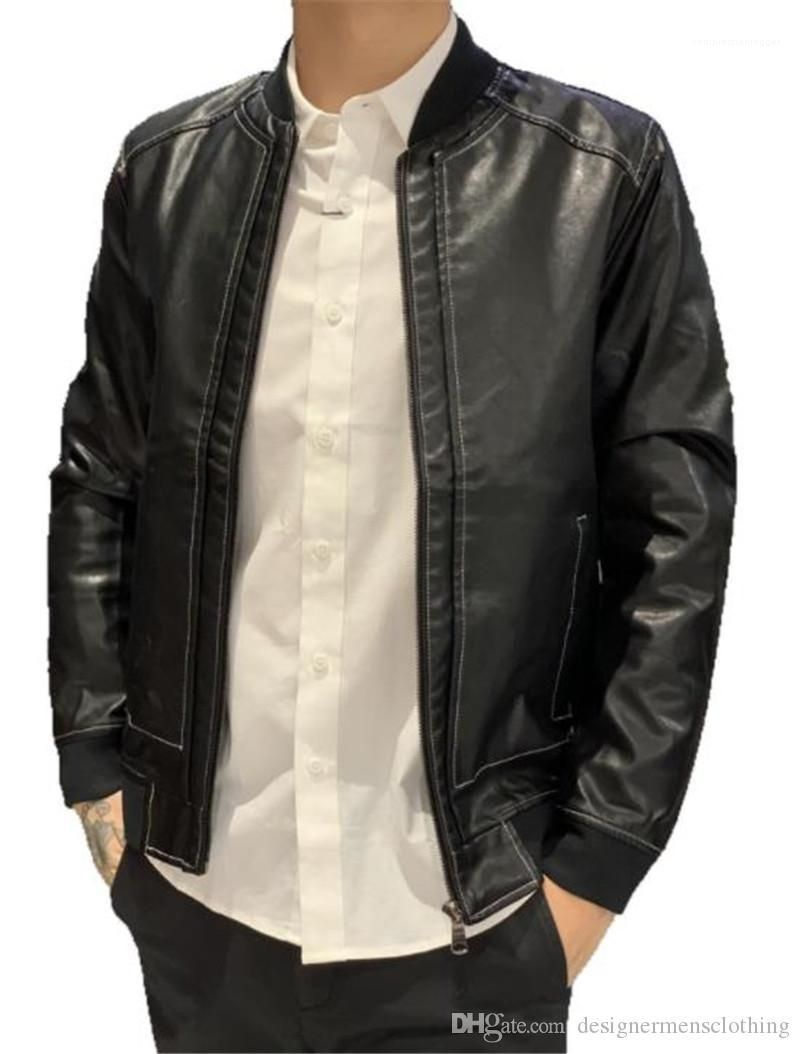 Leather Jackets Slim Stand Collar Long Sleeve Mens Coats With Zipper ...