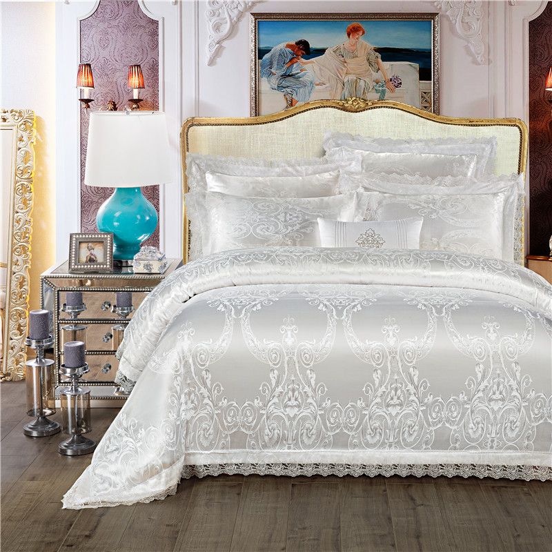 King Queen Size White Red Luxury Wedding Bedding Set Jacquard Cotton Bed Set Duvet Cover Bed Flat Sheet Bedlinen Pillowcase Luxurious Bedding Elegant