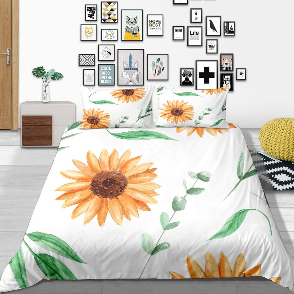 Sunflower Bedding Set Queen Size Simple Artistic White Duvet Cover