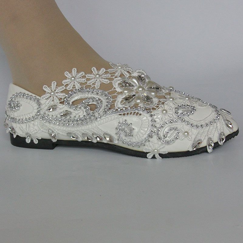 Flat Wedding Bridal Shoes White Lace Pearls Low High Heels Women