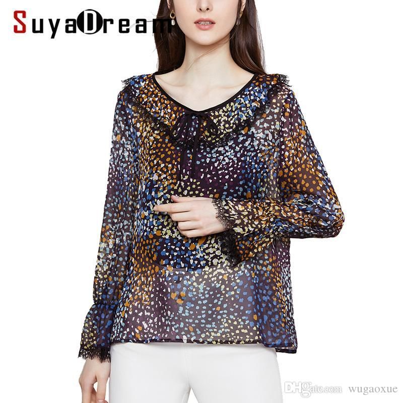 Blusa de seda 100% DE SEDA estampadas para mujer de encaje