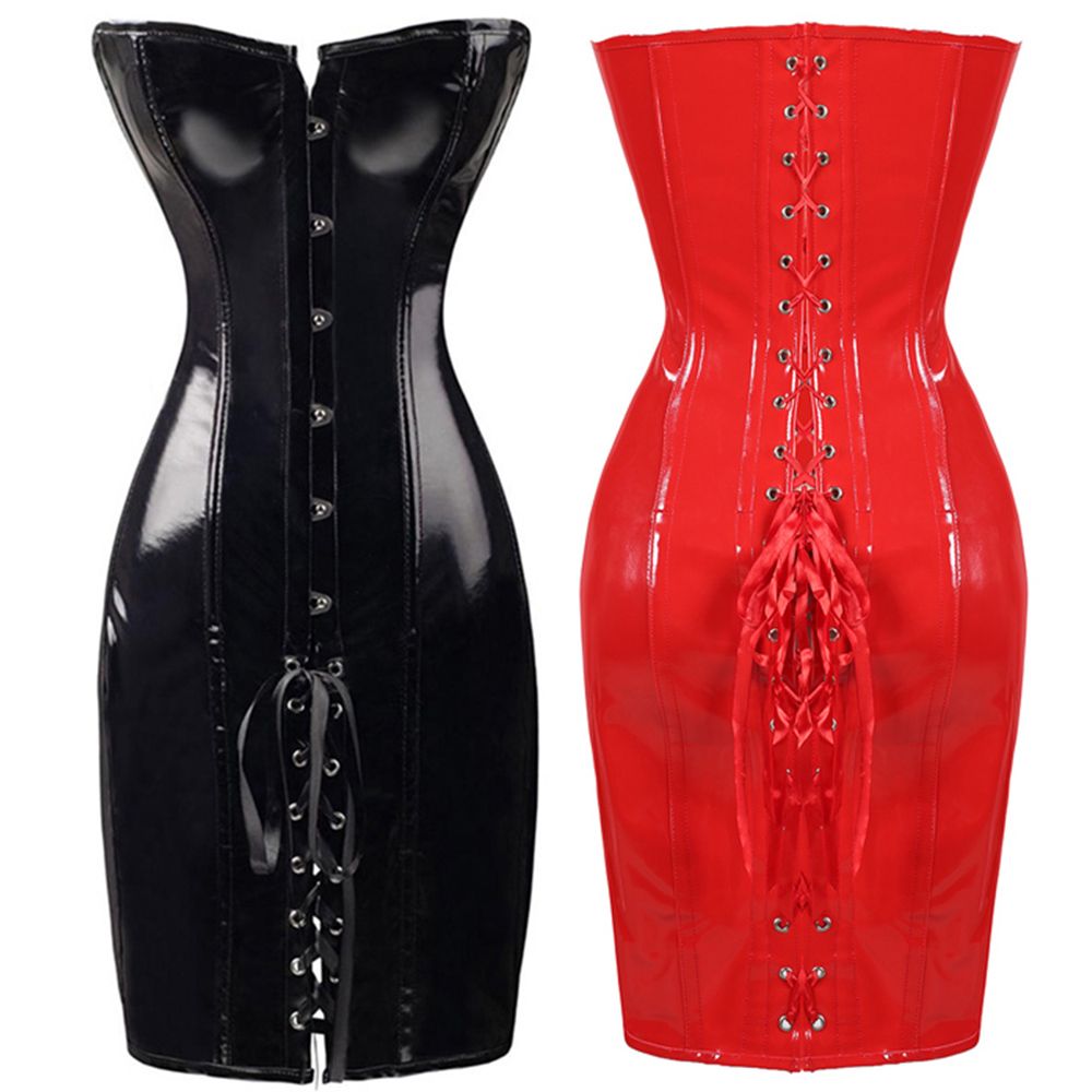 2020 Lace Up Faux Leather Corset Dress Wetlook PVC Steampunk Gothic