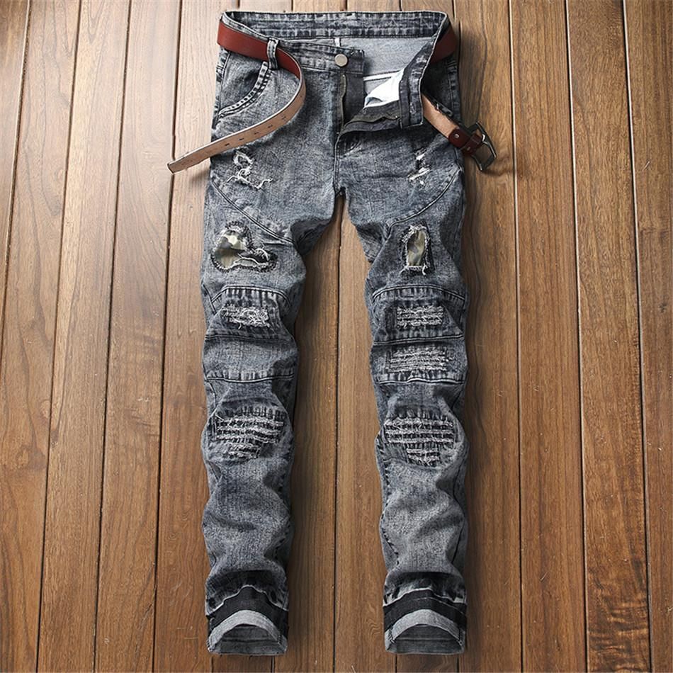 Nueva moda jeans rotos remiendo esqueleto Mendigo recortadas pantalones vaqueros hombre Demin