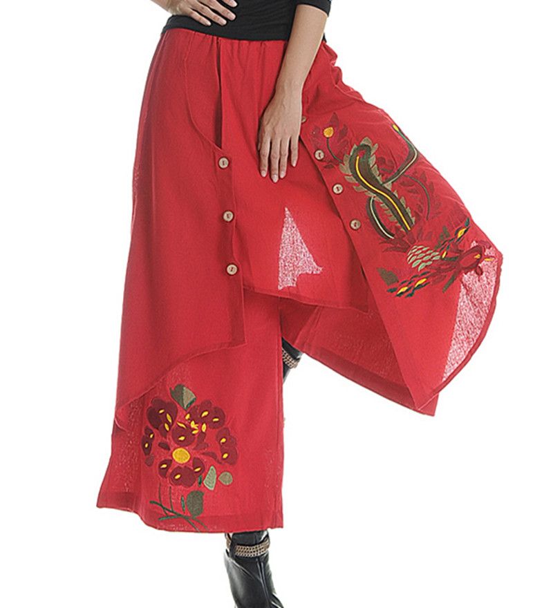 Womens Mexi Floral Embroidery BOHO Wide Leg Pants Hippie Loose Trousers New Sz