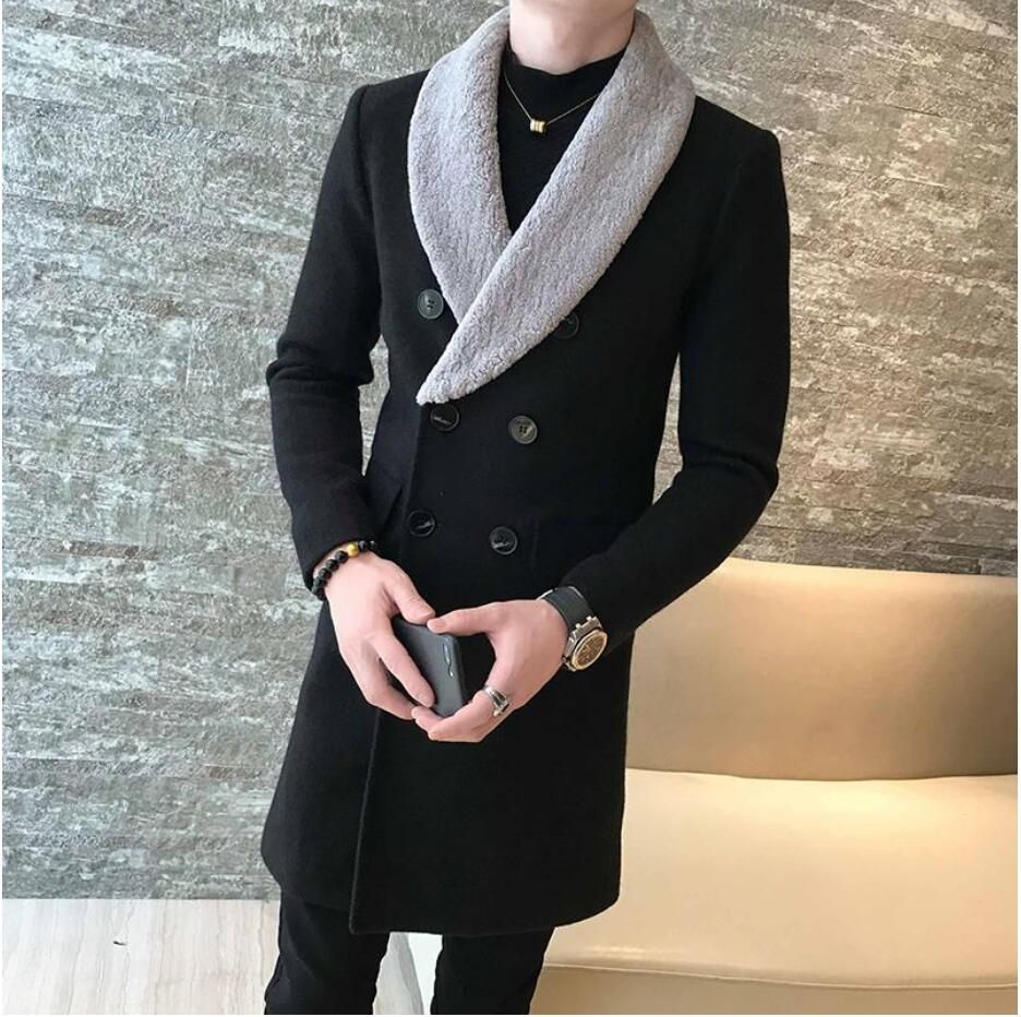 breasted larga de lana abrigos para hombre de color caqui Caballero larga hombre gabardinas