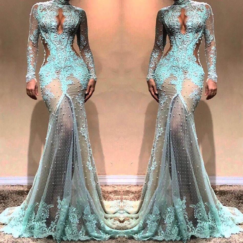 Großhandel 7 High Neck Wunderschöne Lange Ärmel Meerjungfrau  Abendkleider Durchsichtig Spitze Formale Abendkleider Cutaway Side  Celebrity Kleider