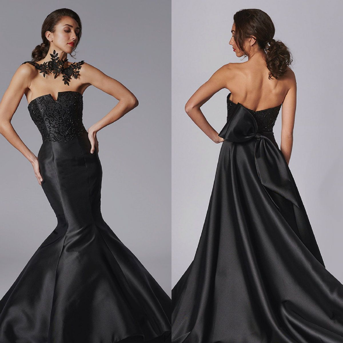 Black Mermaid Evening Dresses Strapless Sleeveless Appliques Bow Beads Satin Sheath Prom Dress ...