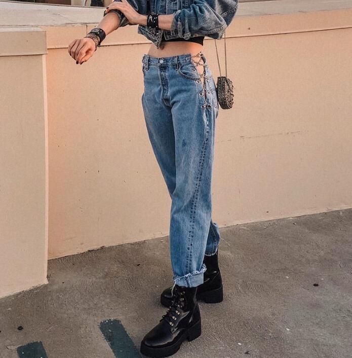 Compra Cadena Irregular Laterales De La Cintura De Los Pantalones Vaqueros  Atractivos Del Verano Pantalones Rectos Barato | Entrega Rápida Y Calidad |  Es.Dhgate
