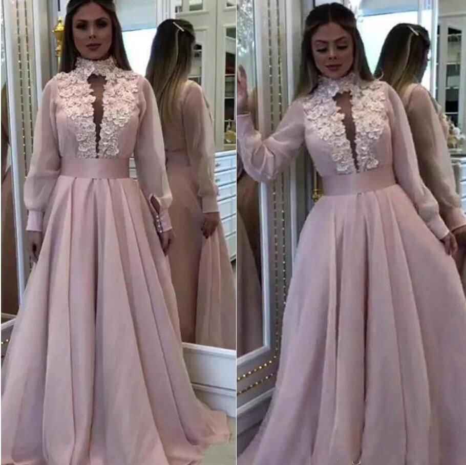 2020 Newest Arabic Dubai Prom Dresses Appliques High Neck Long Sleeves