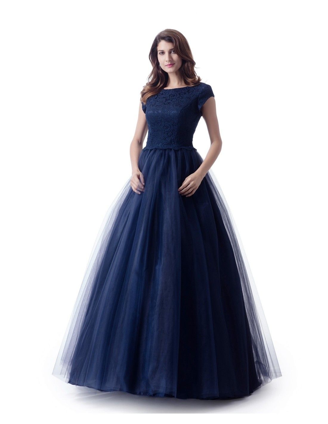 A Line Navy Blue Long Modest Prom Dress ...