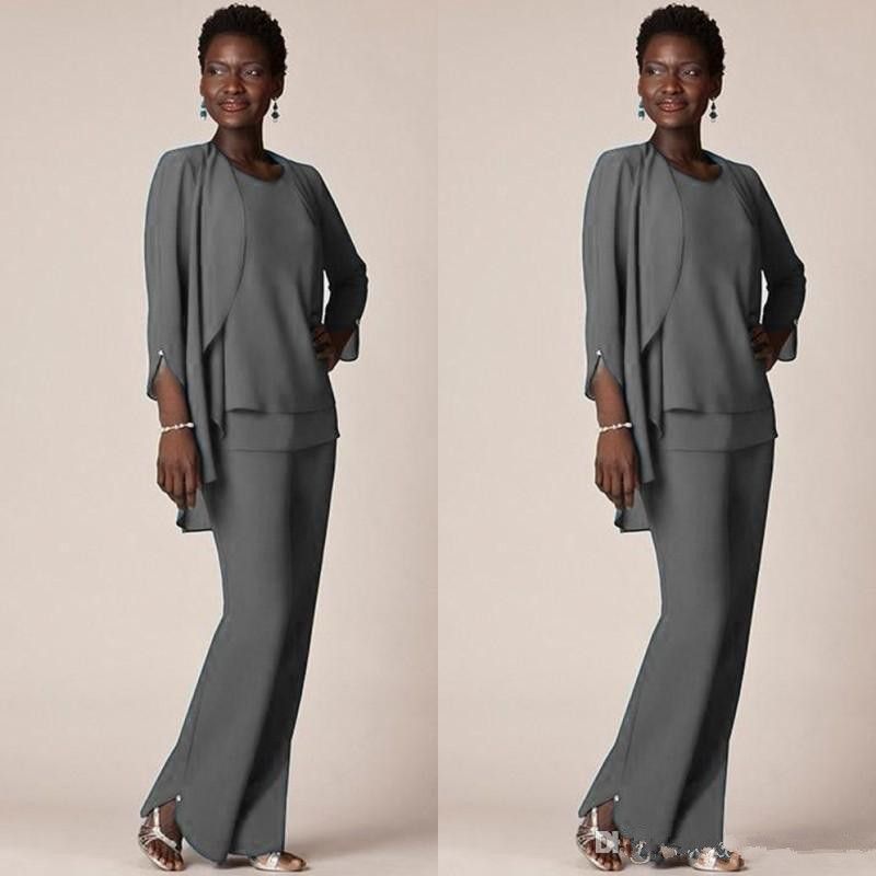 Grey Chiffon Formal Pant Suits For 