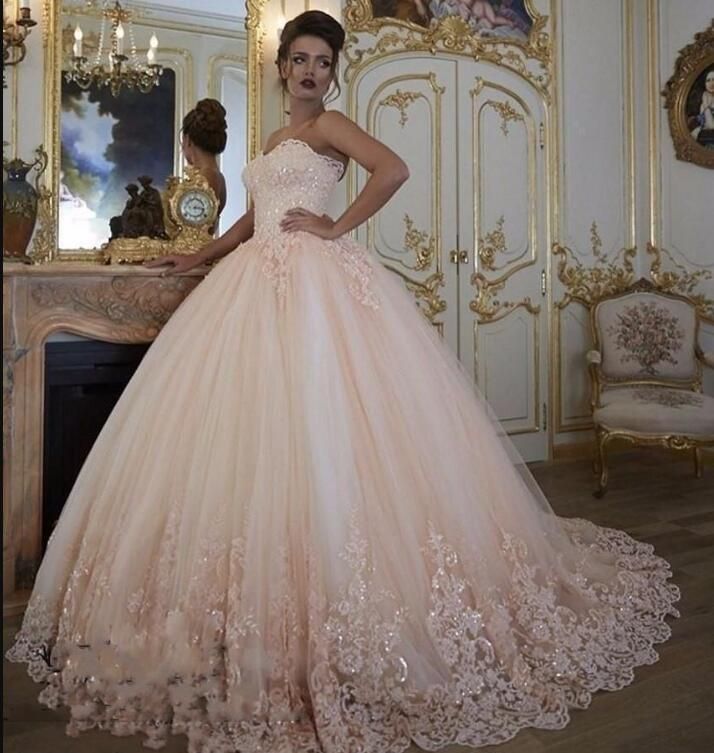 Custom Made Blush Pink Quinceanera Ball Gown Dresses Sweep Train Lace