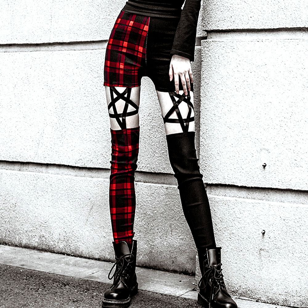 Satin Al 2019 Gotik Kirmizi Ekose Pentagram Pantolon Yuksek Bel Hollow Out Pentagram Tayt Elastik Bel Kalem Pantolon Siska Tayt Punk Y200418 Tl110 94 Dhgate Comda