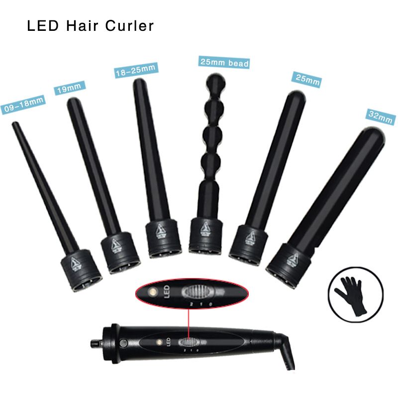 LED display multi-function hair curler 6 in 1 black electric curling wand  set 09-32mm
