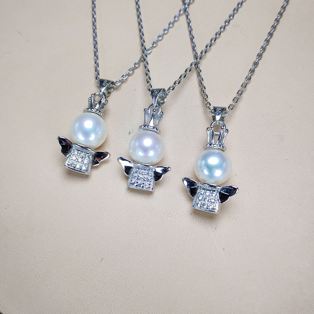 Silver Material Necklace Women Girls Angel Pearl Pendant Necklaces White Wedding White 45CM