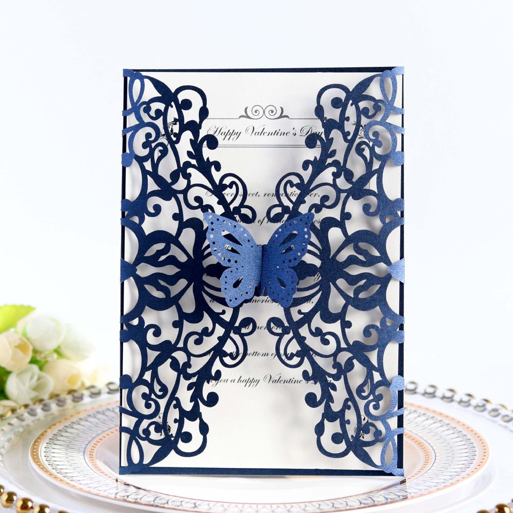incluye sobres Kuchynee 20 tarjetas de invitación de boda azul marino con mariposas cortadas a láser para novia y novio 