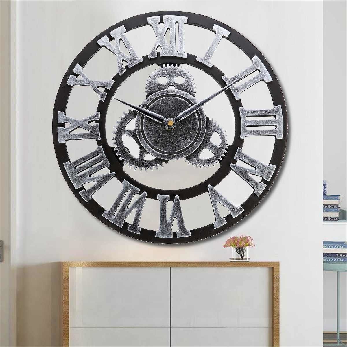 Retro Roman Numeral Wall Clock Metal Indoor Outdoor Vintage Home Round Silent Home Decor Clocks