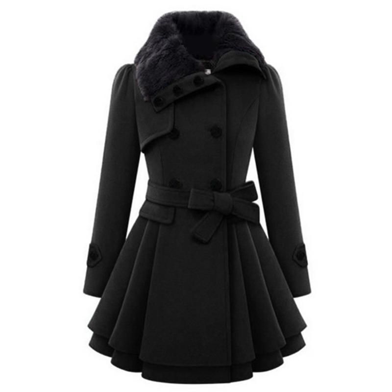 Women's Belt Lapel Winter Trench Coat Woolen Parka Overcoat Long Jacket Outwear