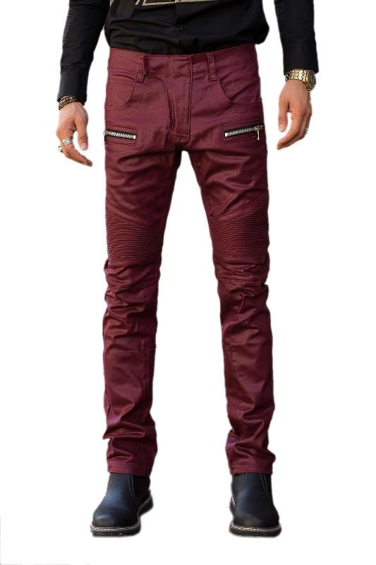 Men Jeans Fashion Casual Runway Skinny Wine Red Slim Fit Biker JEANS