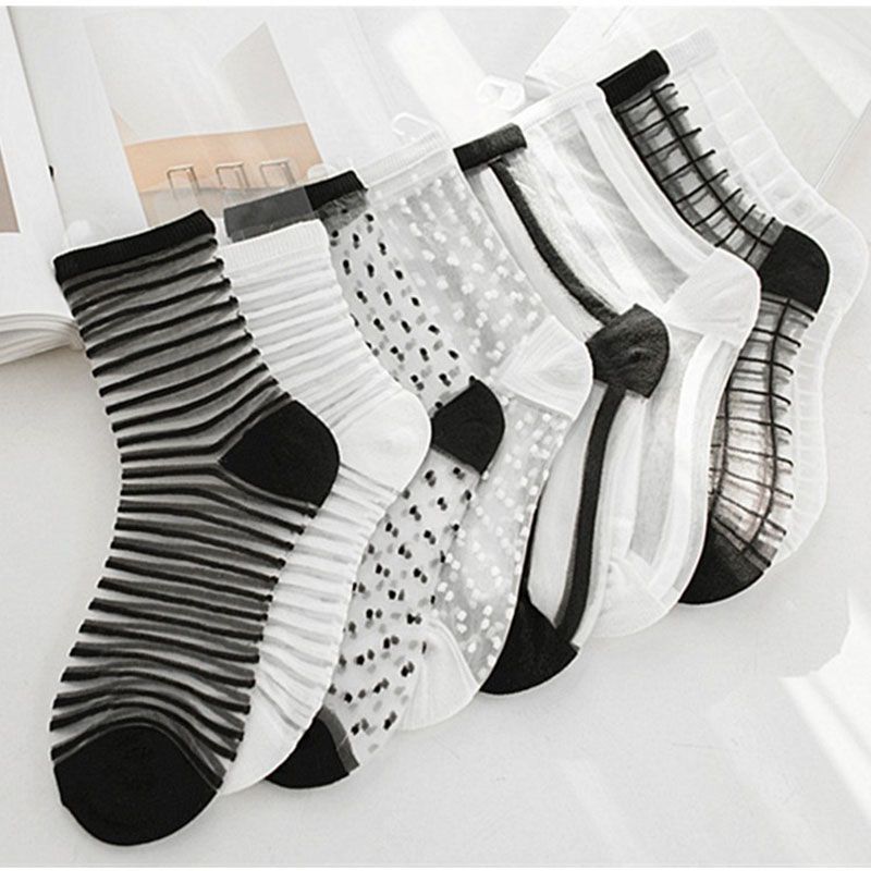 Ankle Frill Trim Breathable Glass Silk Socks Stripe Sheer Mesh Transparent