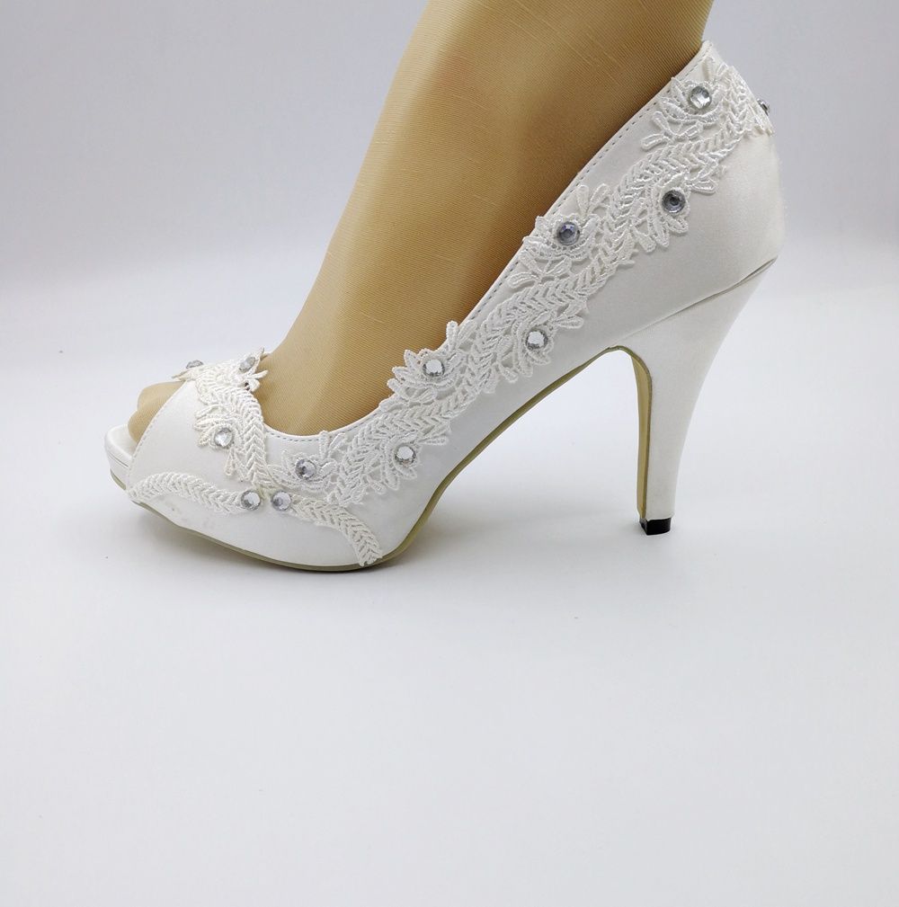 Ivory Rhinestone Appliqued Wedding Shoes Peep Toe Summer Bridal
