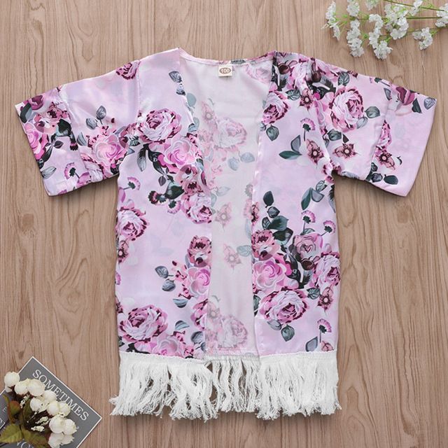 Toddler Baby Girls Flower Tassel Kimono Shawl Cardigan Tops Outfits Set