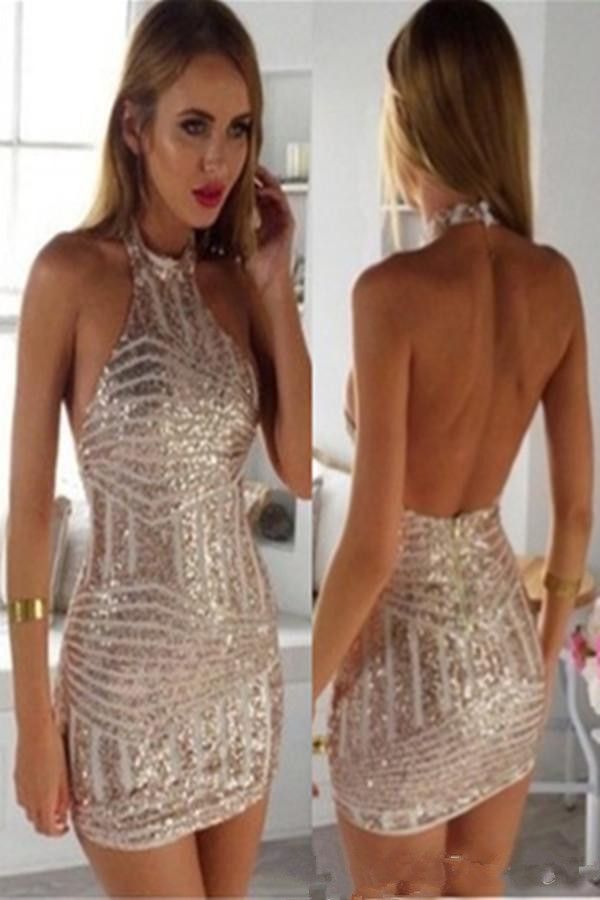 Shiny Rose Gold Sequin Knee Length Cocktail Party Dress Halter