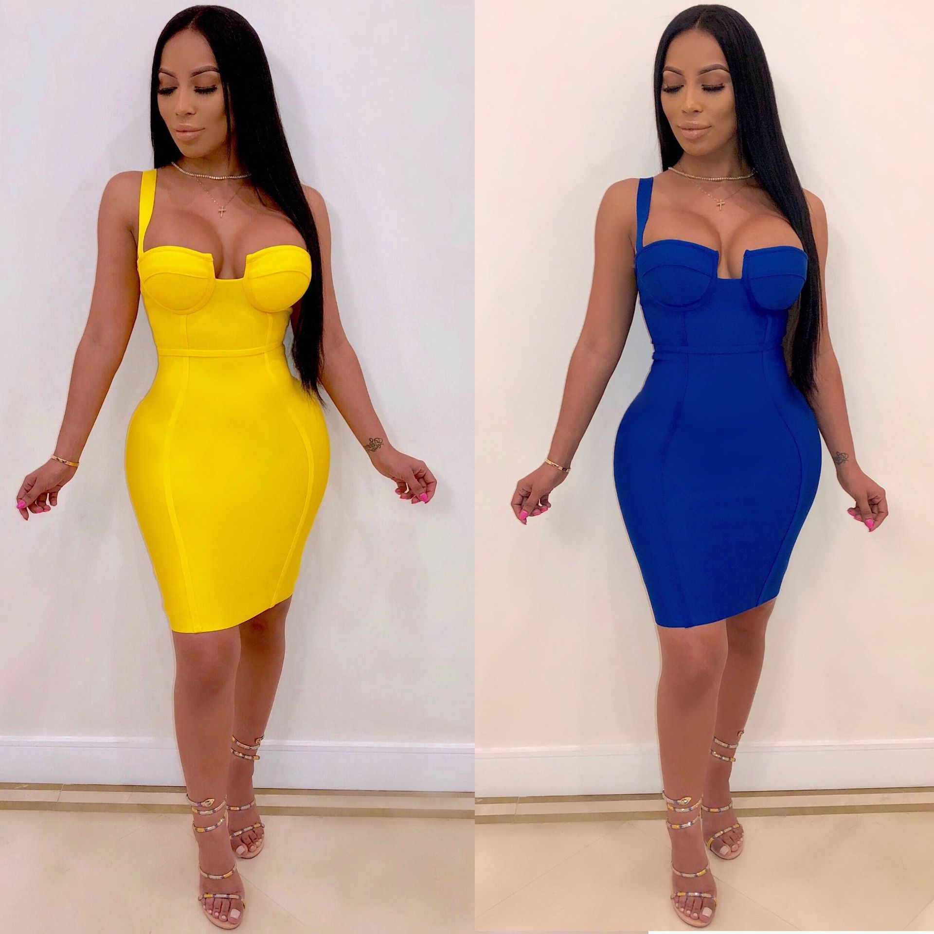 yellow strapless bodycon dress