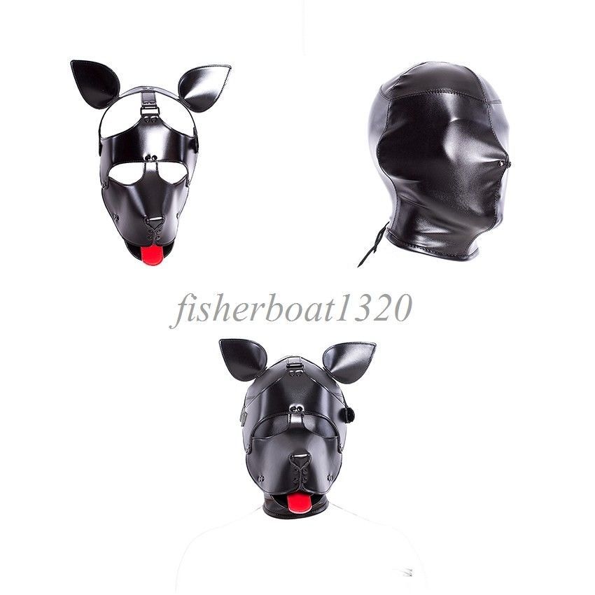 Microfiber Leather Dog Puppy Red Tongue Roleplay Hood Cosplay Mask Head Harness 