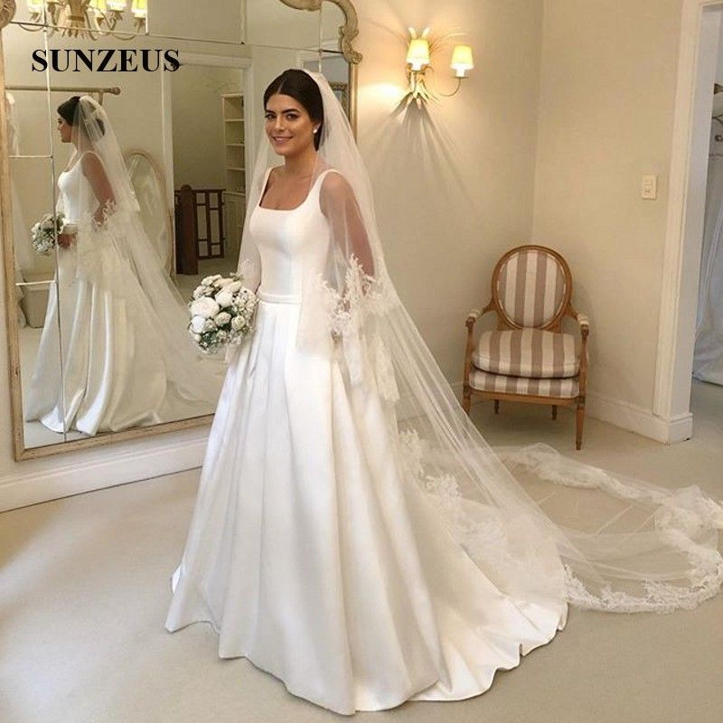 Discount A Line Square Neckline Wedding Dress Elegant Simple Satin