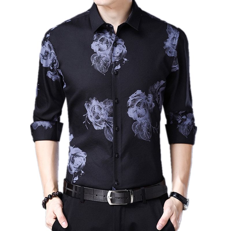 Preto floral elegante camisa masculina Clearance
