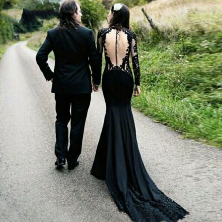 Black Wedding Dress Mermaid Illusion 
