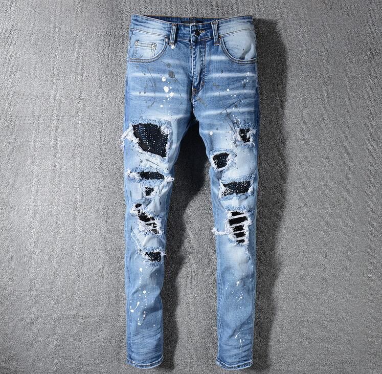 Mens Ripped Rhinestone Panelled Skinny 